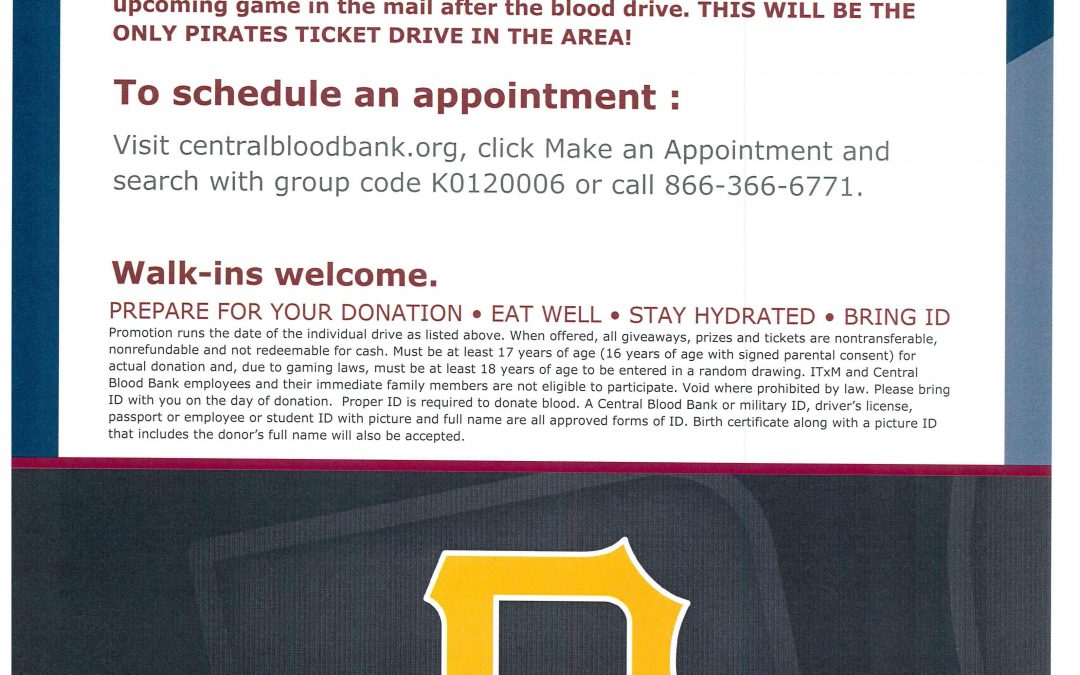 Century 3 Mall Merchants Pirates Tickets Blood Drive – Tuesday May 31st