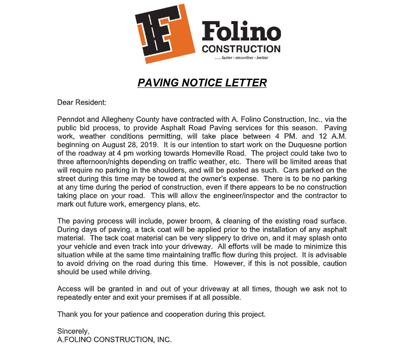 Paving Notification:  Homeville Road Area